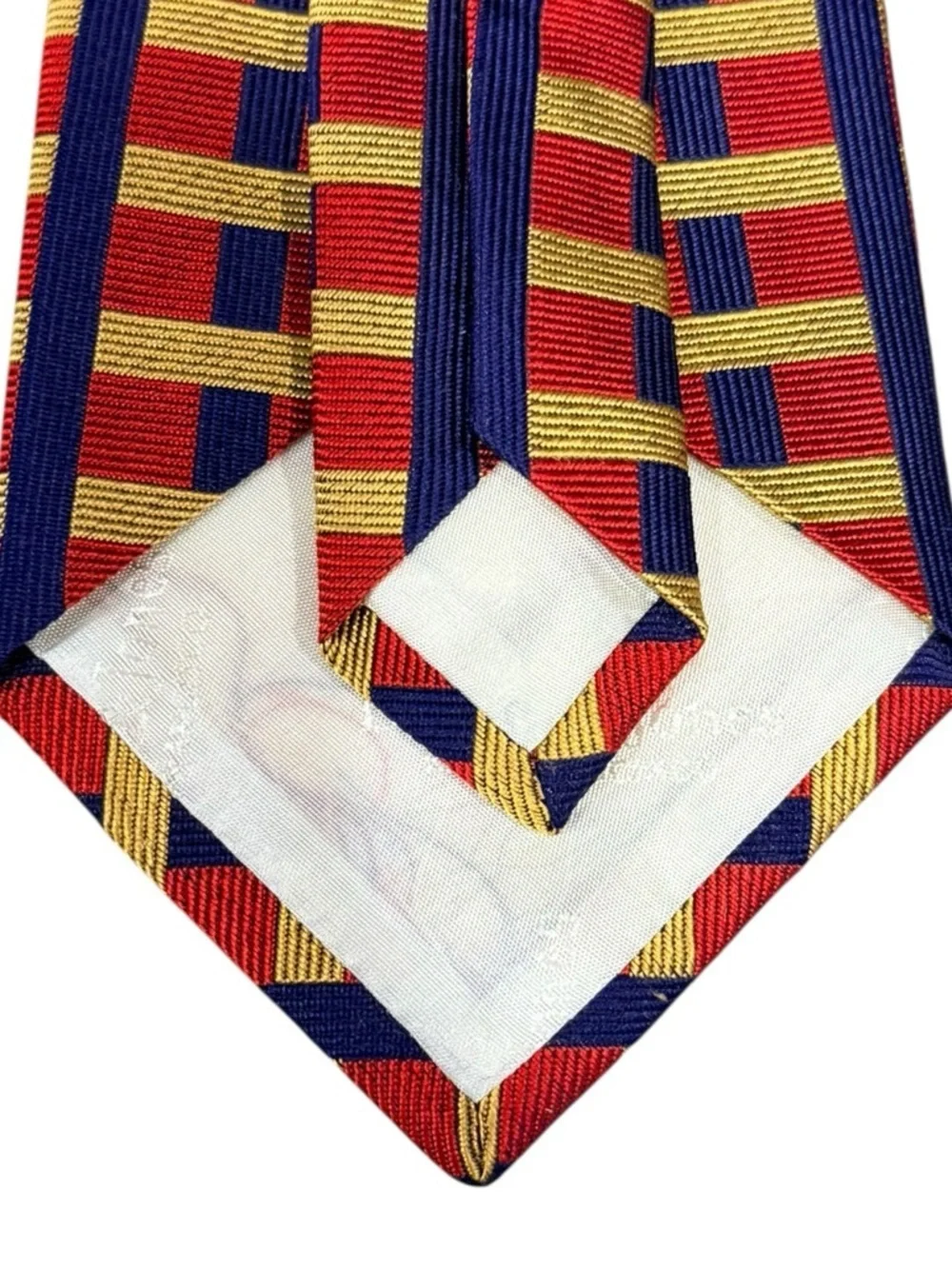 Bullock & Jones Silk Necktie Made England Red Gold Navy Geometric Grid